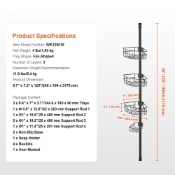 Säädettävä suihkun kulmahylly jännitetangolla ruostumatonta terästä 3 hyllyä 39–125 tuumaa