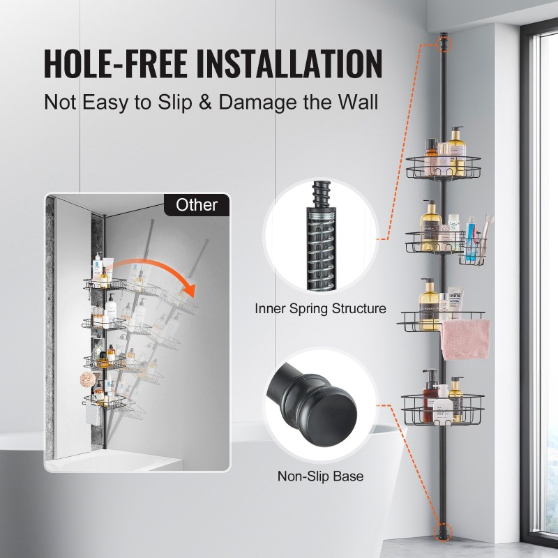 Kulmikas suihkuhylly jännitetangolla ruostumatonta terästä säädettävä 56–114 tuumaa neljä tasoa