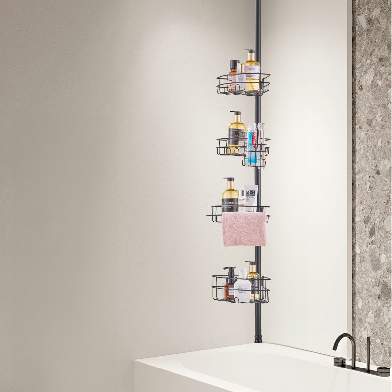 Kulmikas suihkuhylly jännitetangolla ruostumatonta terästä säädettävä 56–114 tuumaa neljä tasoa