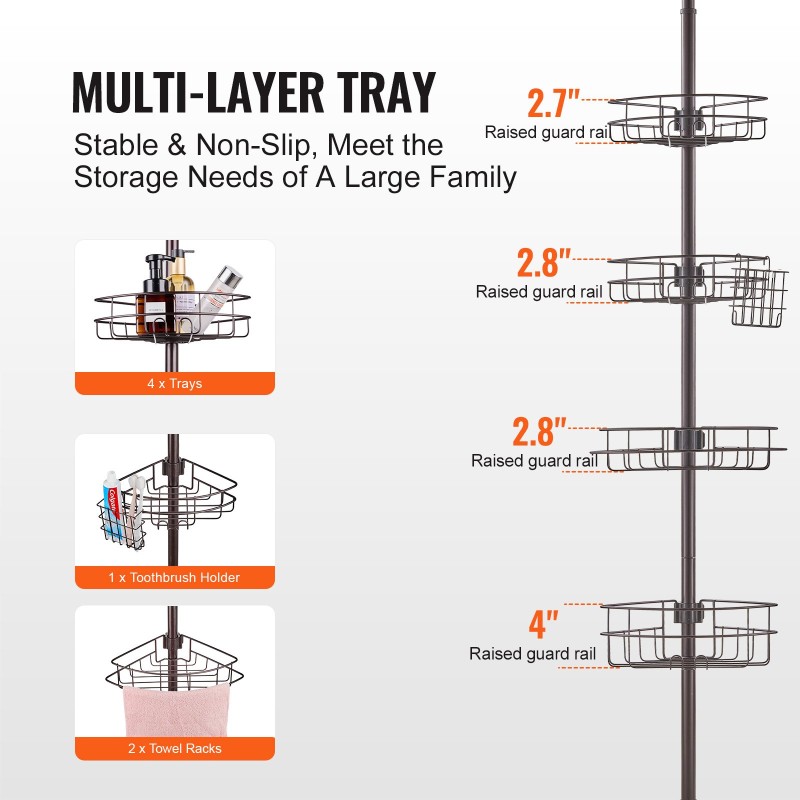 Suihkun kulmahylly ruostumatonta terästä säädettävä jousitangolla 56–114 tuumaa nelitasoinen