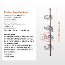 Suihkun kulmahylly ruostumatonta terästä säädettävä jousitangolla 56–114 tuumaa nelitasoinen