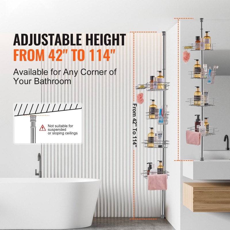 Suihkunurkkahylly säädettävä jousitangolla ruostumattomasta teräksestä 42–114 tuumaa 4 tasoa