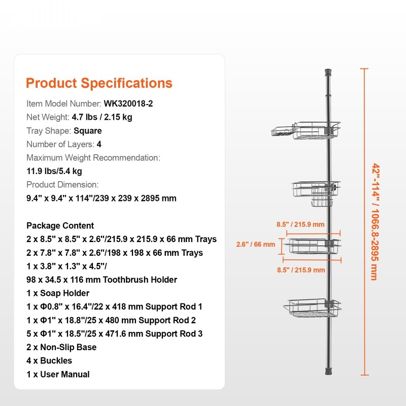 Suihkunurkkahylly säädettävä jousitangolla ruostumattomasta teräksestä 42–114 tuumaa 4 tasoa