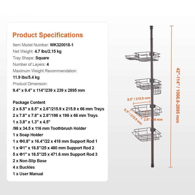 Suihkun kulmahylly ruostumatonta terästä 4 tasoa säädettävä 42–114 tuumaa