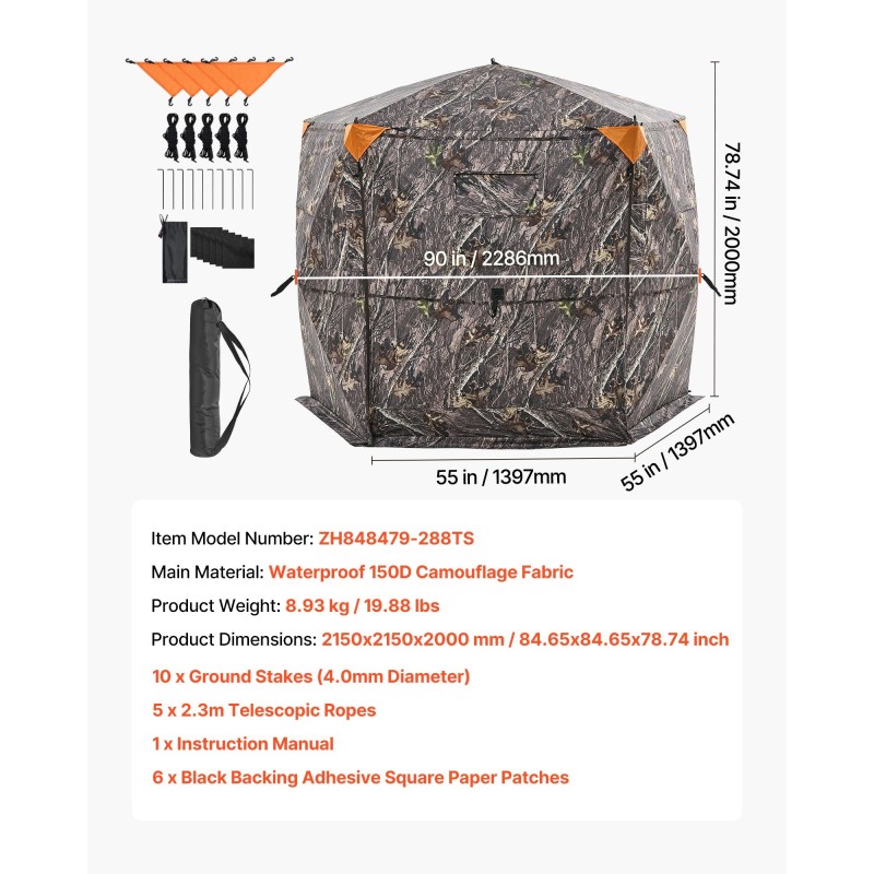 Metsästysteltta 6–7 hengelle 288 asteen näkymä vedenpitävä 150D naamiointikangas kantolaukku mukana
