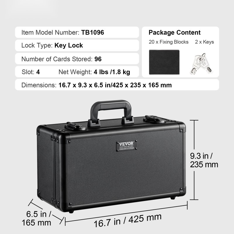 Korttisäilytyslaatikko alumiiniseosrunko 4 osastoa tilaa jopa 96 luokiteltua korttia vaahtomuoviväliseinät avainlukko kantokahva