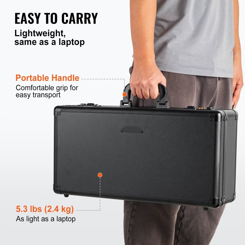 Korttisäilytyslaatikko alumiiniseosrunko 5 korttipaikkaa 25 vaahtomuovivälilevyä 162 luokiteltua korttia numerokoodilukolla