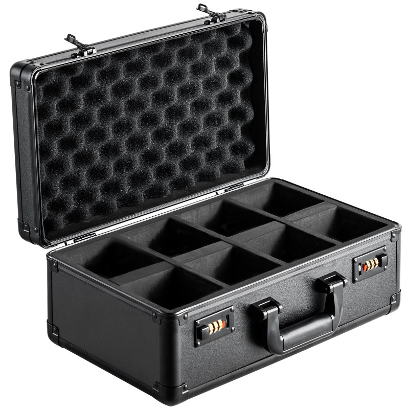 Korttikotelo alumiiniseosrunko neljä lokeroa yhdeksänkymmentä millimetriä leveät korttipaikat numerolukolla