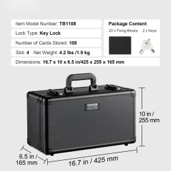 Korttilaatikko alumiiniseosrunkoinen 4 leveää lokeroa 108 PSA-korttia avainlukolla vaahtomuovivälilevyin