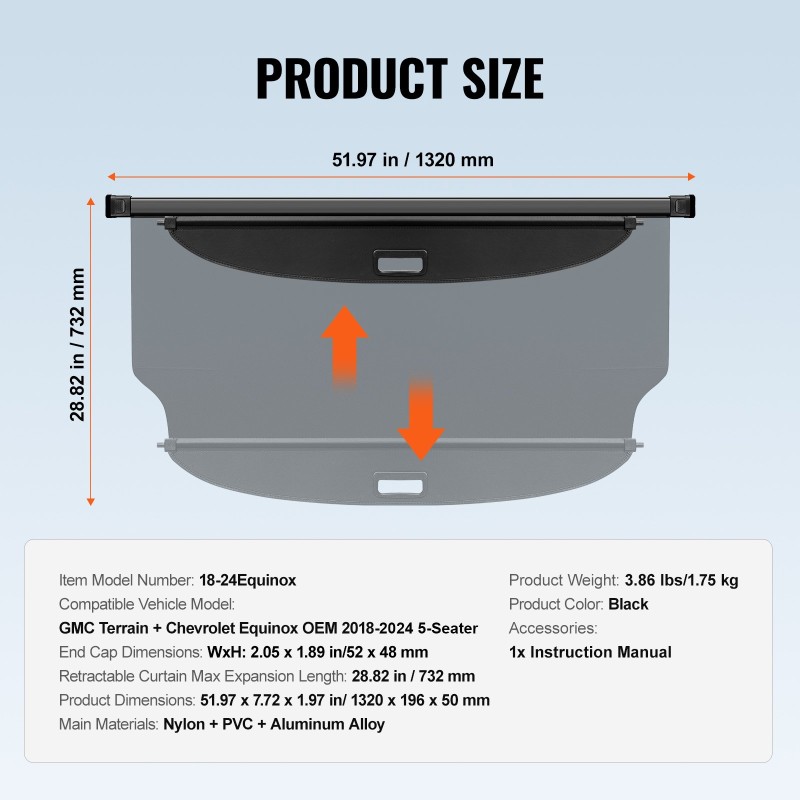 Takakontin rullaverho alumiiniseosrunko PVC-nahkapinta musta GMC Terrain ja Chevrolet Equinox 2018–2024 5-paikkainen