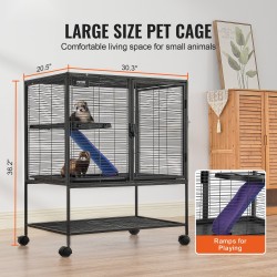 Pieneläinhäkki 2-tasoinen jauhemaalattu metalliverkko 770×520×920 mm liukumaton ramppi ulosvedettävä pohjatarjotin lukittavat