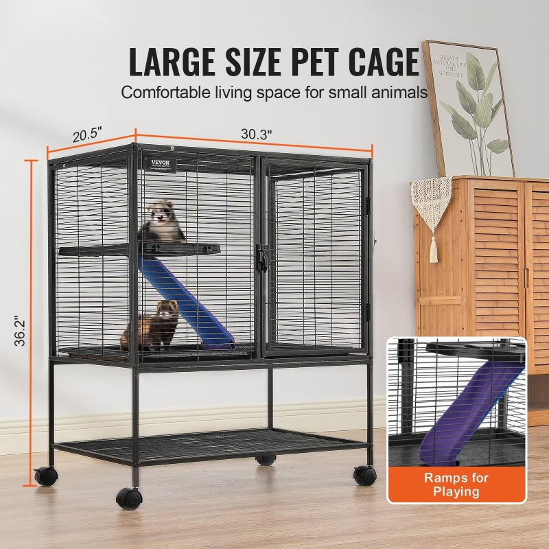 Pieneläinhäkki 2-tasoinen jauhemaalattu metalliverkko 770×520×920 mm liukumaton ramppi ulosvedettävä pohjatarjotin lukittavat