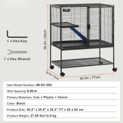 Pieneläinhäkki 2-tasoinen jauhemaalattu metalliverkko 770×520×920 mm liukumaton ramppi ulosvedettävä pohjatarjotin lukittavat