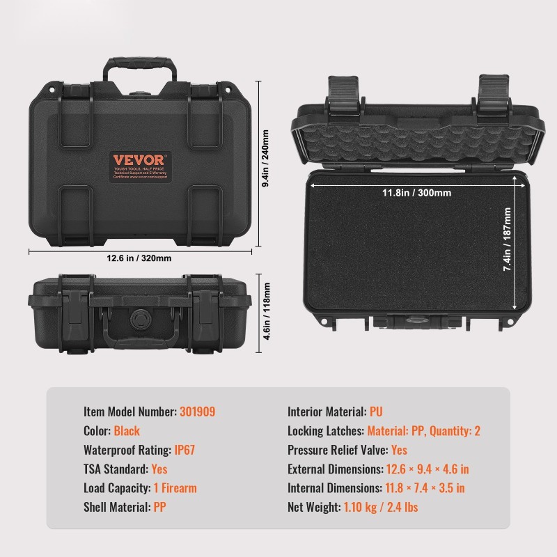 Kovakotelo yhdelle pistoolille PP-kuori esileikattu PU-vaahto IP67 TSA-hyväksytty