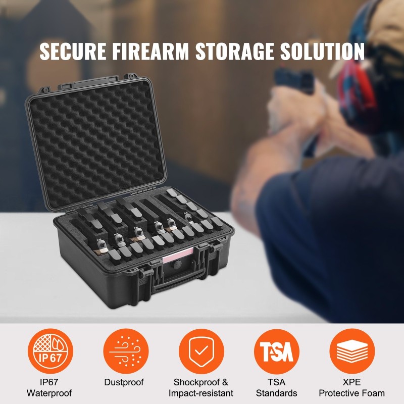 Kova PP-kuorinen pistoolikotelo 6 pistoolille PU-vaahtovuoraus IP67 TSA-hyväksytty