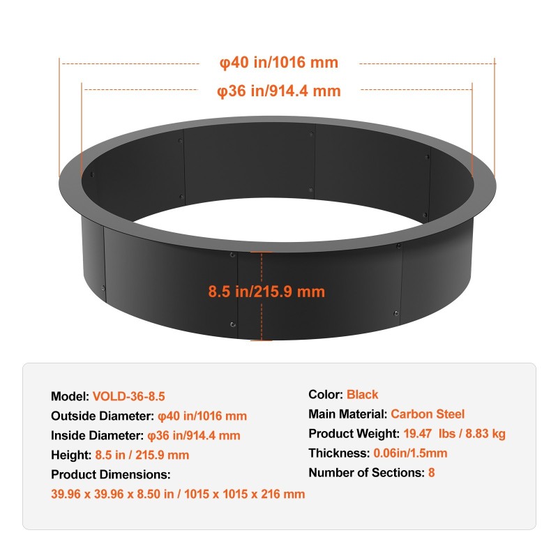 Tulipesärengas hiiliteräs 1016 mm ulkohalkaisija 990 mm sisähalkaisija 216 mm korkeus musta