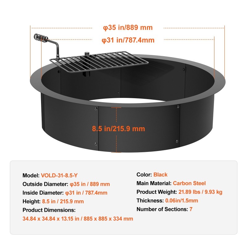 Tulipesän rengas hiiliterästä sisähalkaisija 787 mm ulkohalkaisija 889 mm korkeus 216 mm