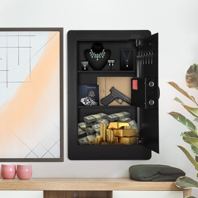 Seinään upotettava kylmävalssattu teräksinen kassakaappi 65 cm korkea 3 hyllyä näppäinlukko