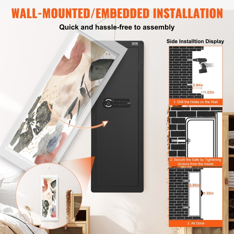 Seinään asennettava aseturvakaappi 109 cm kylmävalssattu teräs 4 hyllyä näppäimistö sormenjälkilukko