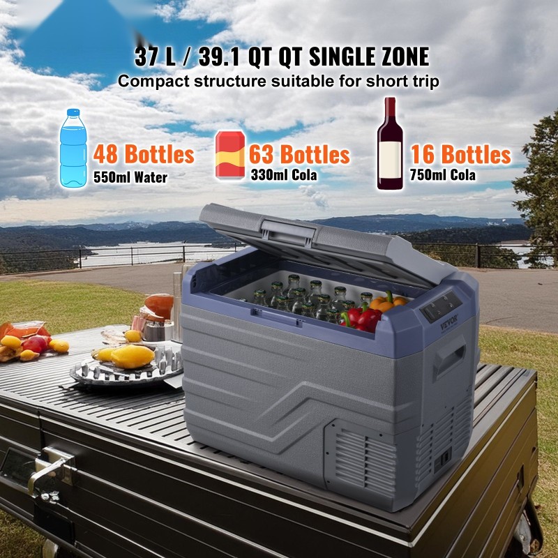 Kannettava autokylmälaite 37 L kompressorijääkaappi lämpötila -20–20 °C 12/24V ja 100–240V