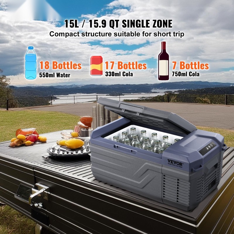 Kompressorijääkaappi 15 L kannettava autoon 12/24V ja 100-240V säädettävä lämpötila