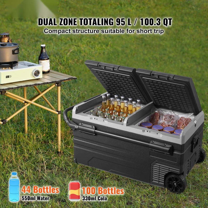 Kannettava kompressorijääkaappi ja pakastin 95 l kaksiosainen pyörillä teleskooppivetokahva 12/24 V