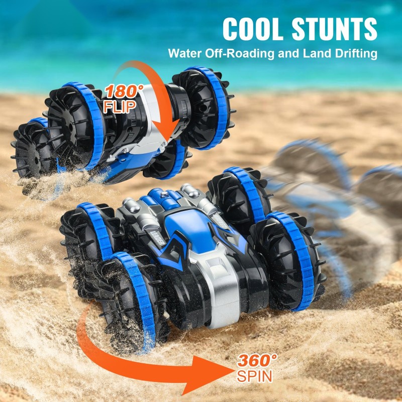 Kauko-ohjattava amfibioauto vesitiivis muovirunko neliveto kaksi akkua nopeus 12 kilometriä tunnissa