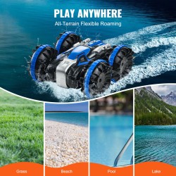 Kauko-ohjattava amfibioauto vesitiivis muovirunko neliveto kaksi akkua nopeus 12 kilometriä tunnissa