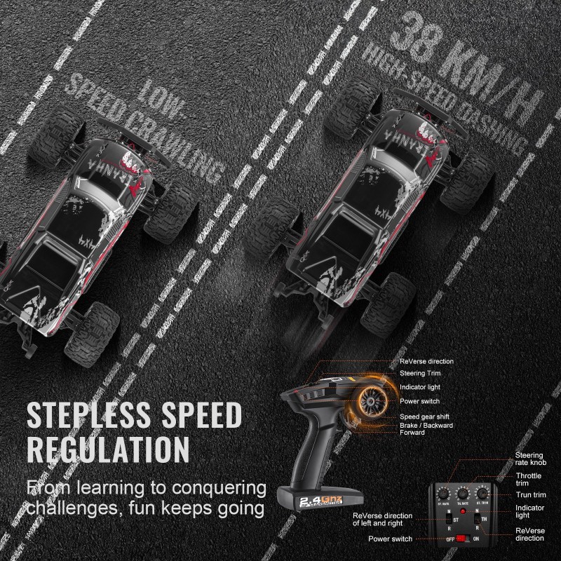 Radio-ohjattava 1:10-mittakaavainen neliveto maastoauto 45 asteen pyörätemppu 38 km/h kaksi akkua