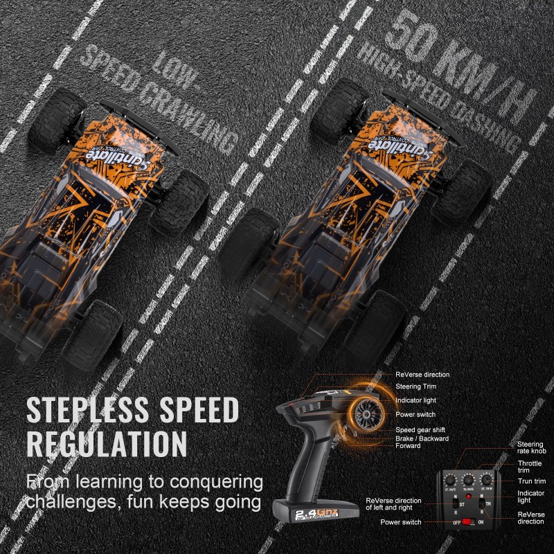 Kauko-ohjattava maastoauto 1:10 nelivetoinen säädettävä nopeus 50 km/h 45 asteen keulimistoiminto IPX4