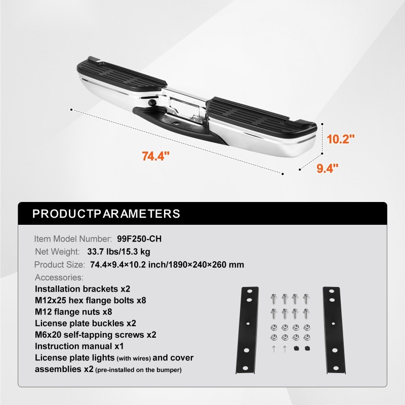 Takapuskuri kromipinnoitettua paksua terästä astinlevyllä kahdella valolla Ford F250 F350 1999–2007