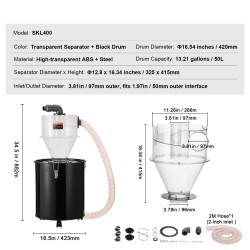 Sykloonierotin 50 l metallirummulle läpinäkyvällä ABS-erottimella 101,6 mm liitännällä