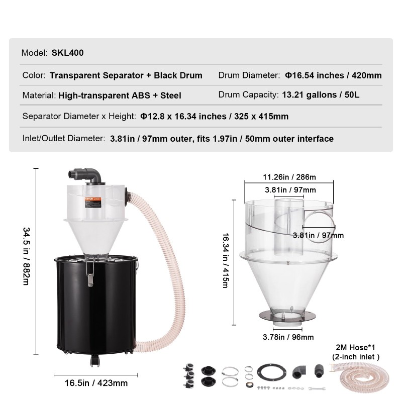Sykloonierotin 50 l metallirummulle läpinäkyvällä ABS-erottimella 101,6 mm liitännällä