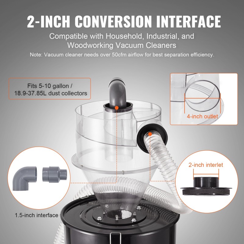 Syklonierotin läpinäkyvä ABS-muovinen 4 tuuman liitäntä märkä- ja kuivaimureille 18.9-37.85L säiliöille