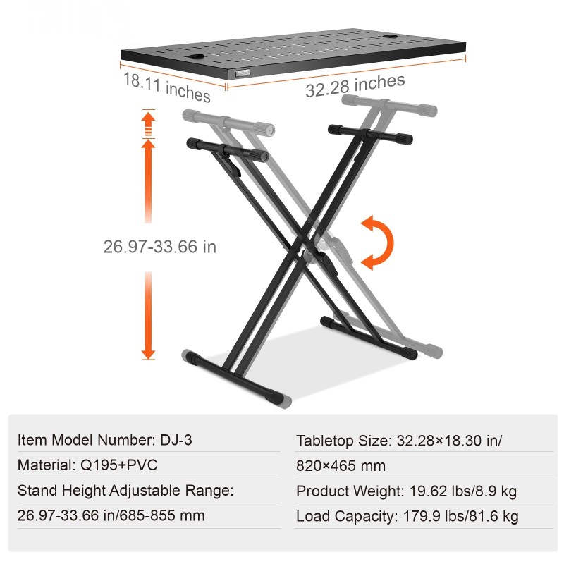 DJ-pöytäteline seosteräksinen taittuva 820 x 495 mm säädettävä 685–855 mm