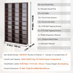 CD- ja DVD-säilytyskaappi 9 hyllyä 27 lokeroa säädettävät hyllyt 756 CD-levyä espresso