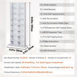 Mediakaappi 8 säädettävää hyllyä 16 lokeroa tilaa 464 CD-levylle valkoinen