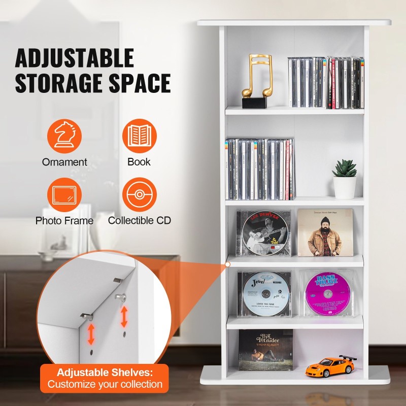 DVD- ja CD-säilytyskaappi 5 hyllyä säädettävillä hyllyillä valkoinen tilaa jopa 240 CD-levylle