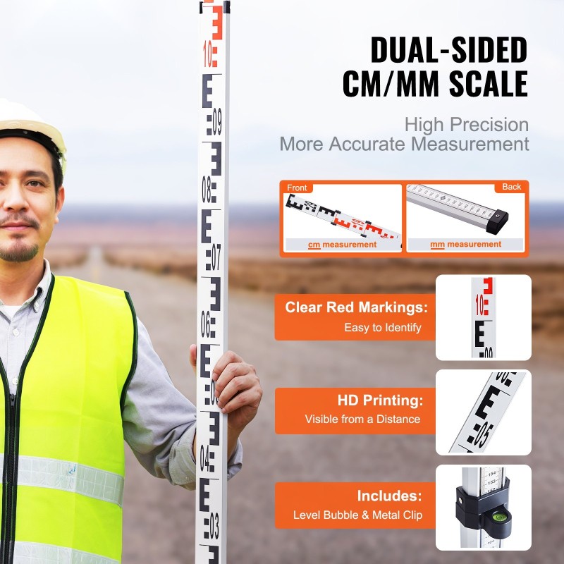 Alumiininen teleskooppivaaitussauva kolme metriä kolmiosainen kaksipuolinen senttimetri ja millimetri asteikko kuplavaaka