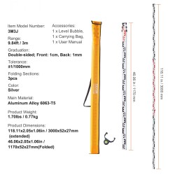 Alumiininen teleskooppivaaitussauva kolme metriä kolmiosainen kaksipuolinen senttimetri ja millimetri asteikko kuplavaaka