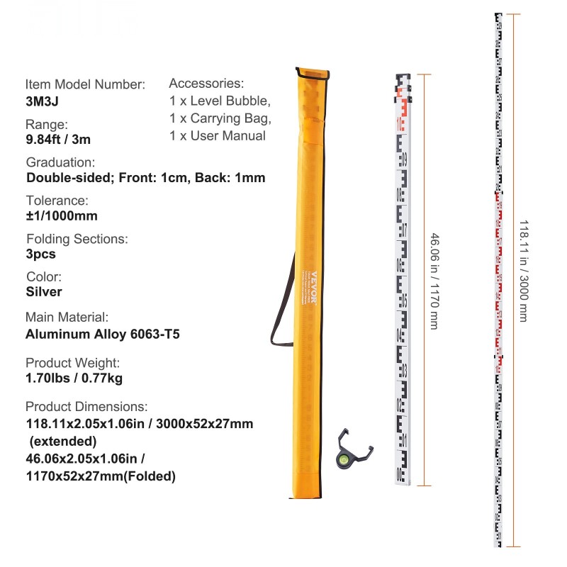 Alumiininen teleskooppivaaitussauva kolme metriä kolmiosainen kaksipuolinen senttimetri ja millimetri asteikko kuplavaaka