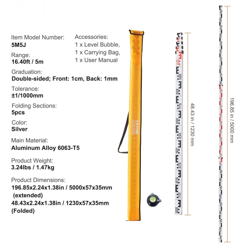 Teleskooppinen alumiininen mittakeppi 5m 5-osainen kaksipuolinen asteikko 1cm/1mm kuplavaaka kuljetuspussi