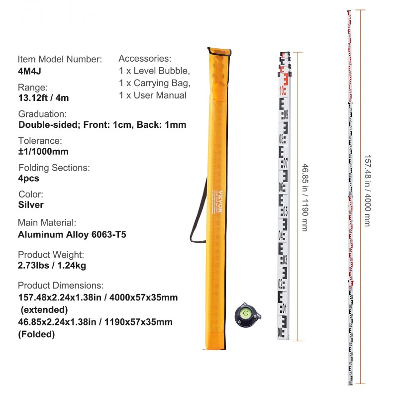 Alumiininen teleskooppimittasauva 4 m kaksipuolinen cm ja mm asteikko kuplavaaka kantolaukku