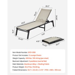 Taitettava ulkolepotuolisetti 2 kpl alumiiniseosrunko Textilene kangas 5 asentoa 181 kg