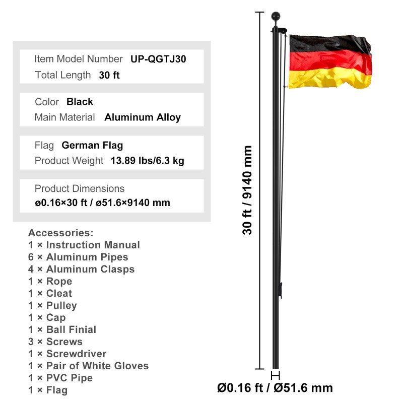 Lippusalko alumiiniseoksesta 9,14 m musta irrotettava kahdelle lipulle puolitanko Saksan lippu mukana