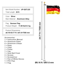 Alumiininen lippusalkosarja 7,55 m ulkokäyttöön kolme näyttötilaa hopea Saksan lippu