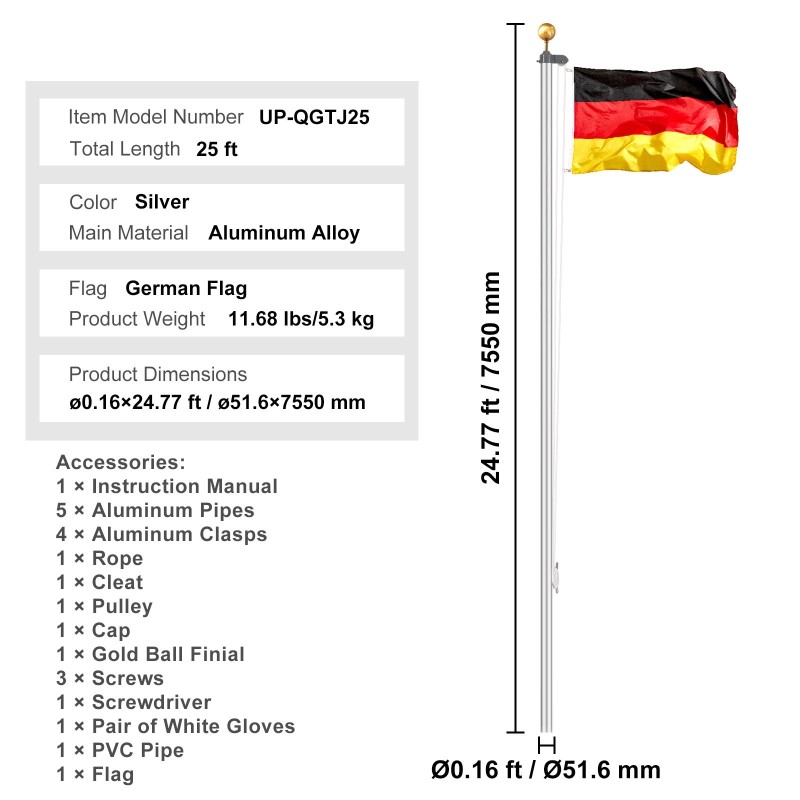 Alumiininen lippusalkosarja 7,55 m ulkokäyttöön kolme näyttötilaa hopea Saksan lippu