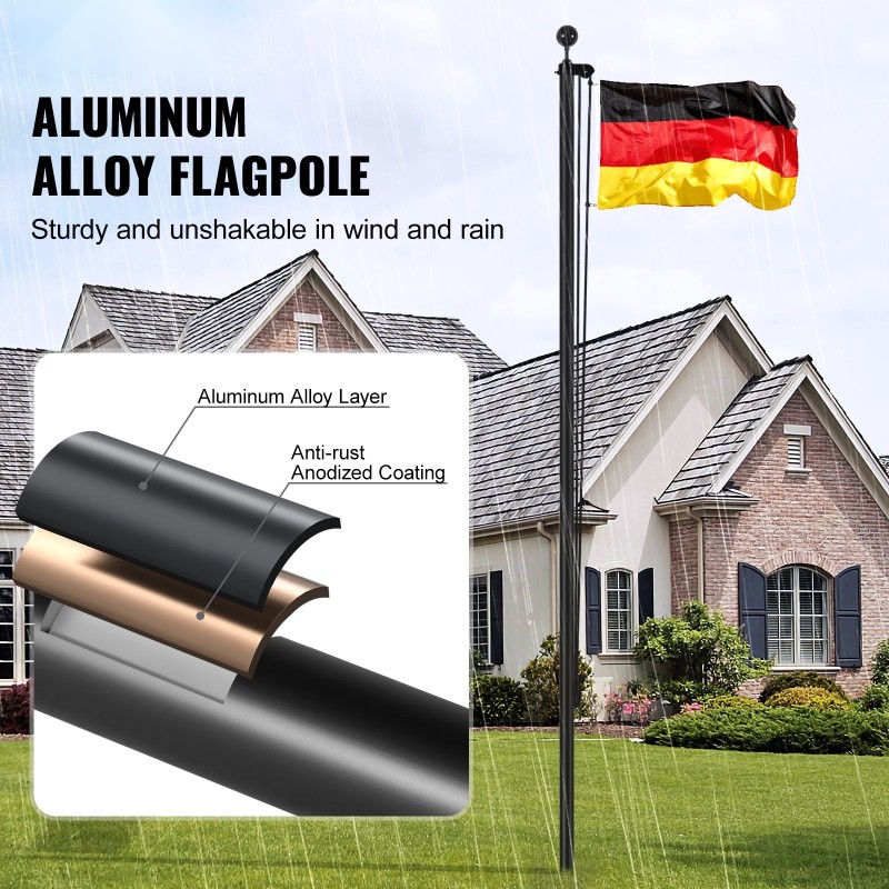 Irrotettava alumiiniseos lipputankosarja 7,55 m 51,6 mm musta yhden tai kahden lipun