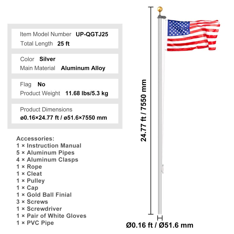 Alumiininen lipputankosarja 7,55 m irrotettava ulkokäyttöön halkaisija 51,6 mm