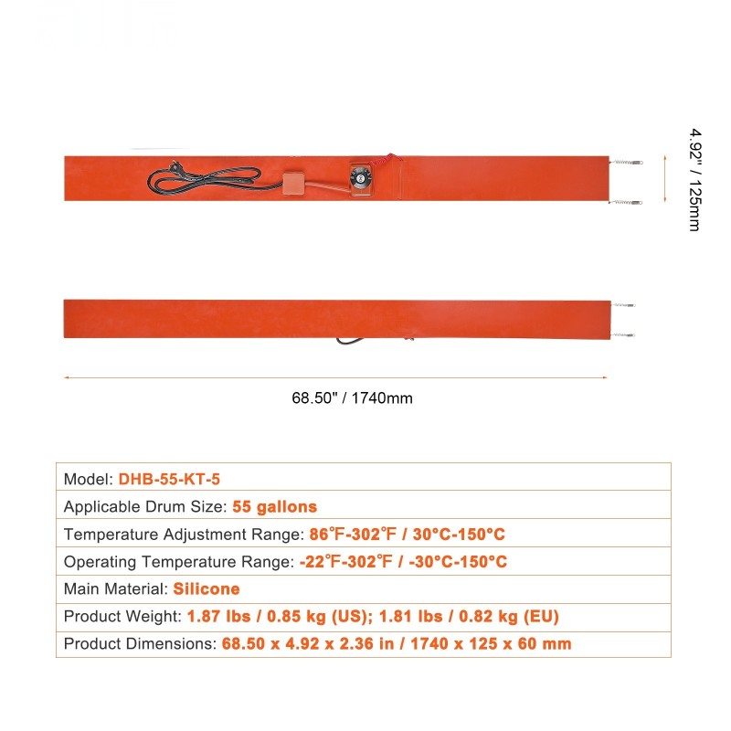 Tynnyrilämmitin silikonipintainen 55 gallonan 208,2 litran 1200 wattin säädettävä 30–150 °C